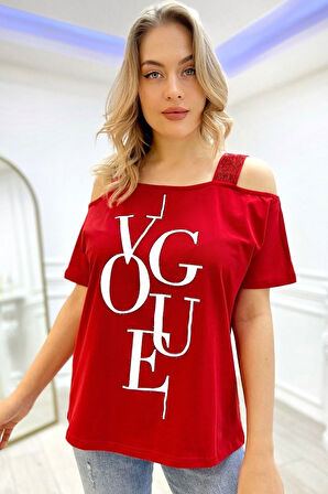 Bol Kesim Omuzları Açık Baskılı Crystal Taşlı Büyük Beden Şık Pamuk Kadın T-shirt