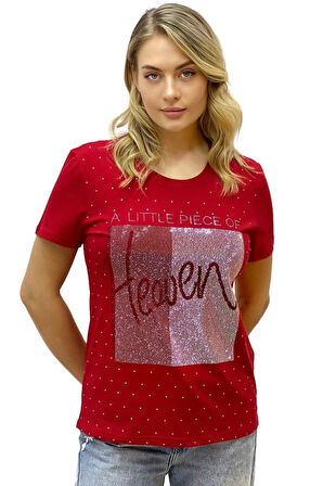 Heaven Crystal Taşlı Büyük Beden Bisiklet Yaka Pamuk Kırmızı Kadın T-Shirt L XL 2XL 3XL