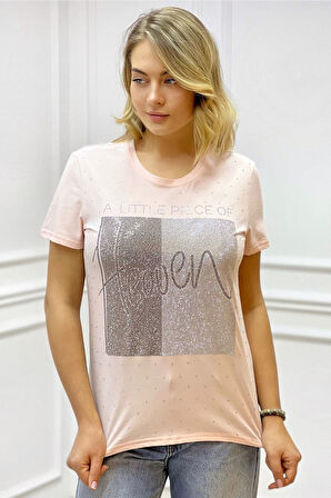 Heaven Crystal Taşlı Büyük Beden Bisiklet Yaka Pamuk Kırmızı Kadın T-Shirt L XL 2XL 3XL