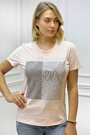 Heaven Crystal Taşlı Büyük Beden Bisiklet Yaka Pamuk Kırmızı Kadın T-Shirt L XL 2XL 3XL