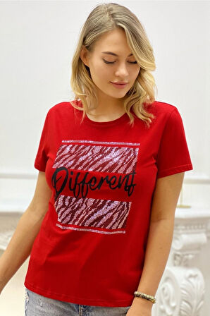 Baskılı Crystal Taşlı Bisiklet Yaka Büyük Beden Kadın T-shirt