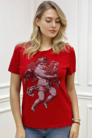 Melek Crystal Taş Desenli Bisiklet Yaka Büyük Beden Şık Pamuk Kadın T-shirt