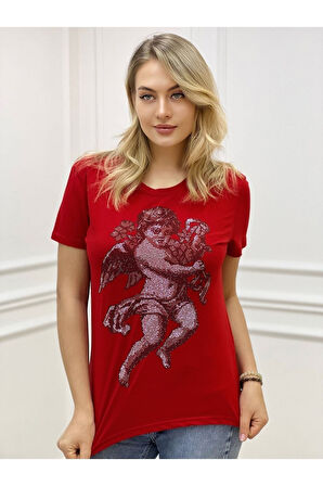 Melek Crystal Taş Desenli Bisiklet Yaka Büyük Beden Şık Pamuk Kadın T-shirt