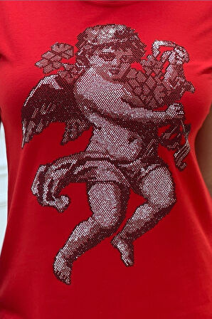 Melek Crystal Taş Desenli Bisiklet Yaka Büyük Beden Şık Pamuk Kadın T-shirt