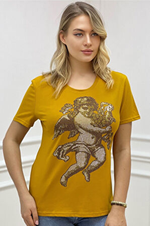 Melek Crystal Taş Desenli Bisiklet Yaka Büyük Beden Şık Pamuk Kadın T-shirt