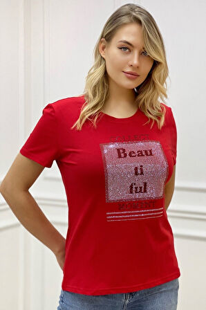 Büyük Beden Bisiklet Yaka Beautiful Yazılı Crystal Taşlı Siyah Şık Pamuklu Kısa Kol Kadın T-shirt