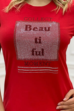 Büyük Beden Bisiklet Yaka Beautiful Yazılı Crystal Taşlı Siyah Şık Pamuklu Kısa Kol Kadın T-shirt