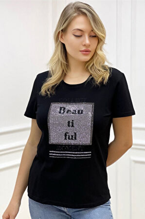 Büyük Beden Bisiklet Yaka Beautiful Yazılı Crystal Taşlı Siyah Şık Pamuklu Kısa Kol Kadın T-shirt