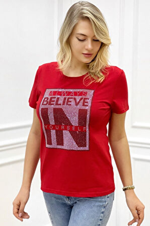 Yazılı Crystal Taş Baskılı Büyük Beden Bisiklet Yaka Kısa Kollu Pamuk Rahat Şık Beyaz Kadın T-shirt