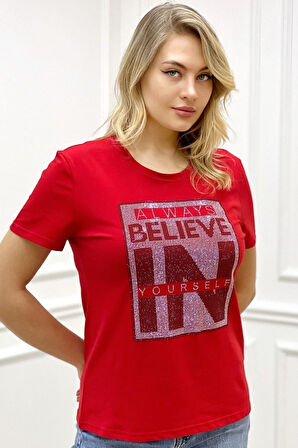 Yazılı Crystal Taş Baskılı Büyük Beden Bisiklet Yaka Kısa Kollu Pamuk Rahat Şık Beyaz Kadın T-shirt