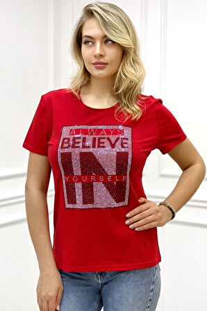 Yazılı Crystal Taş Baskılı Büyük Beden Bisiklet Yaka Kısa Kollu Pamuk Rahat Şık Beyaz Kadın T-shirt