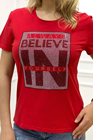 Yazılı Crystal Taş Baskılı Büyük Beden Bisiklet Yaka Kısa Kollu Pamuk Rahat Şık Beyaz Kadın T-shirt