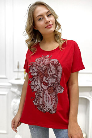 Bol Kesim Crystal Taşlı Büyük Beden Bisiklet Yaka Pamuk Siyah Kadın T-shirt