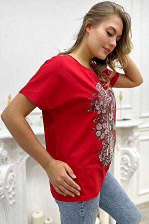 Bol Kesim Crystal Taşlı Büyük Beden Bisiklet Yaka Pamuk Siyah Kadın T-shirt