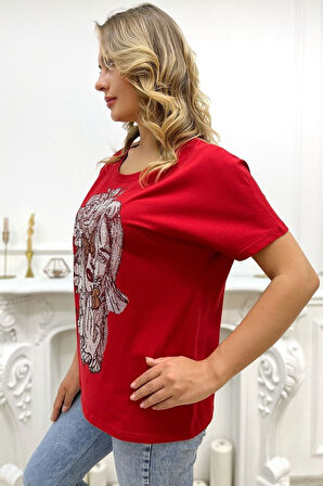 Bol Kesim Crystal Taşlı Büyük Beden Bisiklet Yaka Pamuk Siyah Kadın T-shirt