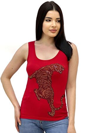 Leopar Crystal Taş Baskılı Dar Kesim / Slim Fit Pamuk Kadın Kolsuz Tshirt Kalın Askılı Atlet