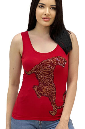 Leopar Crystal Taş Baskılı Dar Kesim / Slim Fit Pamuk Kadın Kolsuz Tshirt Kalın Askılı Atlet