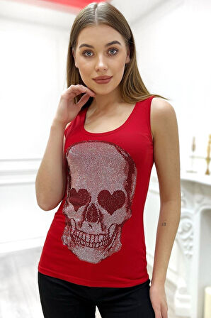 Dar Kesim Kurukafa Crystal Taş Baskılı Tasarım Pamuk Kadın Kalın Askılı Kolsuz T-shirt Atlet Kırmızı