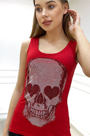 Dar Kesim Kurukafa Crystal Taş Baskılı Tasarım Pamuk Kadın Kalın Askılı Kolsuz T-shirt Atlet Kırmızı