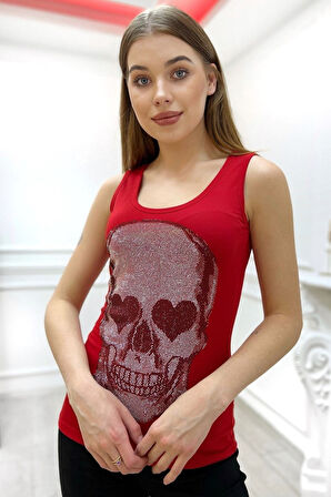 Dar Kesim Kurukafa Crystal Taş Baskılı Tasarım Pamuk Kadın Kalın Askılı Kolsuz T-shirt Atlet Kırmızı