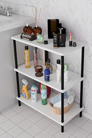 3 Raflı Çevir Kur Banyo Rafı Çok Amaçlı Düzenleyici Açık Raflı Dolap, Metal Gövdeli Organizer Raf
