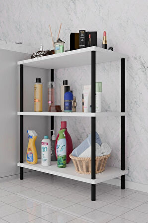 3 Raflı Çevir Kur Banyo Rafı Çok Amaçlı Düzenleyici Açık Raflı Dolap, Metal Gövdeli Organizer Raf