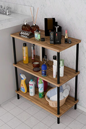 3 Raflı Çevir Kur Banyo Rafı Çok Amaçlı Düzenleyici Açık Raflı Dolap, Metal Gövdeli Organizer Raf