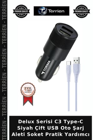 Delux Serisi C3 Type-C Siyah Çift USB Oto Şarj Aleti Soket Pratik Yardımcı