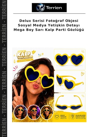 Delux Serisi Fotoğraf Objesi Sosyal Medya Yetişkin Detayı Mega Boy Sarı Kalp Parti Gözlüğü