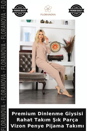 Premium Dinlenme Giysisi Rahat Takım Şık Parça Vizon Penye Pijama Takımı