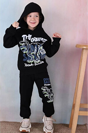 PJK3İ Dinazor Desenli Siyah 3 İp Şardonlu Kapşonlu %100 Pamuk Erkek Çocuk Eşofman Takımı 3-10 Yaş 7338-S