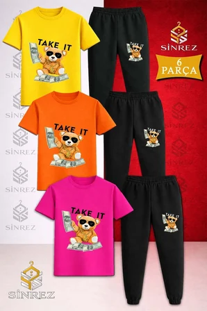 Çocuk AYICIK TAKE IT SIYAH Baskılı 3Lü Tişort Eşofman Takımı