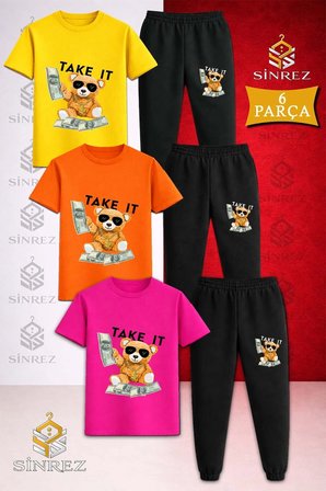 Çocuk AYICIK TAKE IT SIYAH Baskılı 3Lü Tişort Eşofman Takımı