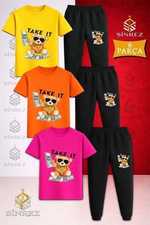 Çocuk AYICIK TAKE IT SIYAH Baskılı 3Lü Tişort Eşofman Takımı