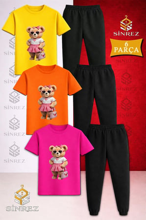 Çocuk AYICIK PEMBE ETEK CANTA Baskılı 3Lü Tişort Eşofman Takımı