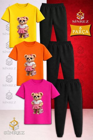 Çocuk AYICIK PEMBE ETEK CANTA Baskılı 3Lü Tişort Eşofman Takımı