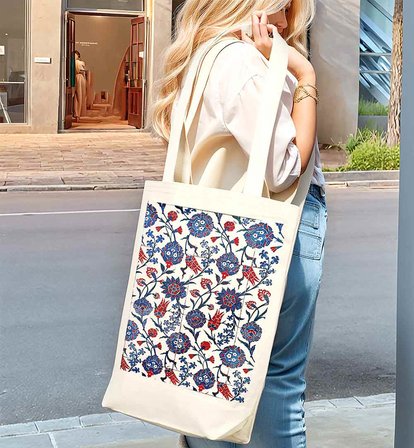 TÜRK EL SANATLARI İÇ CEPLİ KÖRÜKLÜ ÖRGÜ KULPLU KANVAS ÇANTA 35x40x10 cm - No.01