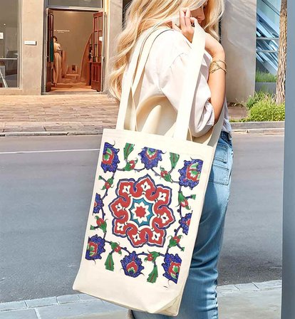TÜRK EL SANATLARI İÇ CEPLİ KÖRÜKLÜ ÖRGÜ KULPLU KANVAS ÇANTA 35x40x10 cm - No.03