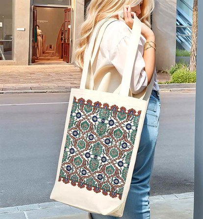 TÜRK EL SANATLARI İÇ CEPLİ KÖRÜKLÜ ÖRGÜ KULPLU KANVAS ÇANTA 35x40x10 cm - No.05
