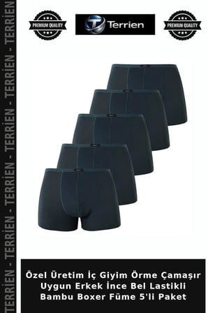 Özel Üretim İç Giyim Örme Çamaşır Uygun Erkek İnce Bel Lastikli Bambu Boxer Füme 5'li Paket