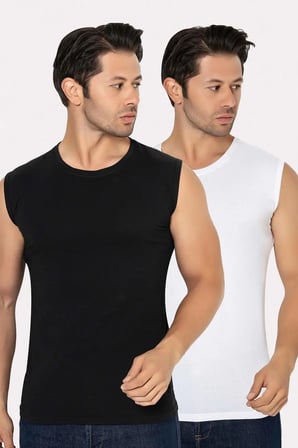 Kombin Parça Slim Kesim Spor Giyim 2 Adet Beyaz Siyah Erkek Bisiklet Yaka Kolsuz Tişört Atlet