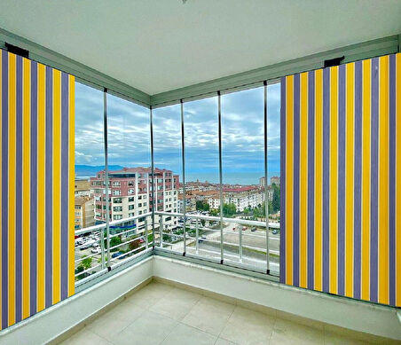 CEYLAN Home Balkon Perdesi Bağcıklı Ölçü Seçenekli Sarı Gri Çizgili