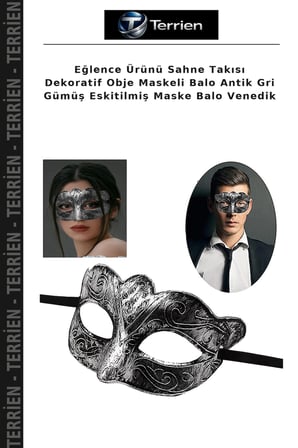 Eğlence Ürünü Sahne Takısı Dekoratif Obje Maskeli Balo Antik Gri Gümüş Eskitilmiş Maske Balo Venedik