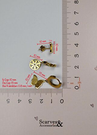 Gold Kelebek Çelik Üçlü Küpe Seti