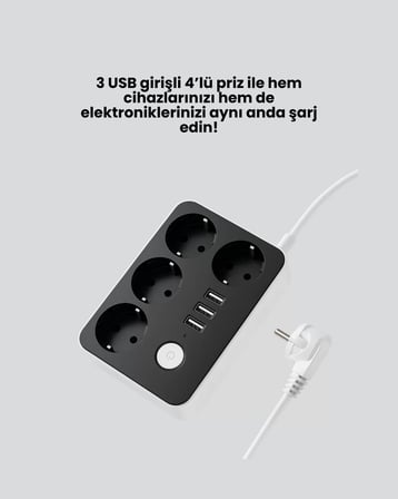 3 USB Çıkışlı 4’lü Akıllı Priz 2500W 2 Metre Kablo