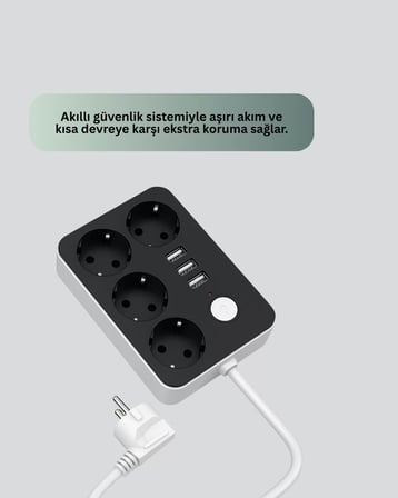 3 USB Çıkışlı 4’lü Akıllı Priz 2500W 2 Metre Kablo