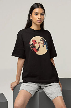 Deadpool x Venom Baskılı Unisex Tişört, Oversize Marvel Film Karakter Tişört