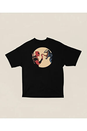 Deadpool x Venom Baskılı Unisex Tişört, Oversize Marvel Film Karakter Tişört