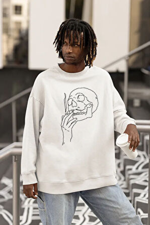 Sigara İçen Kuru Kafa Baskılı Unisex Oversize Sweatshirt