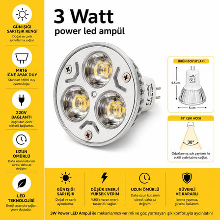 3 Watt | Power Led Ampül | Led Spot Ampül | Günışığı İğne Ayak Led Ampül